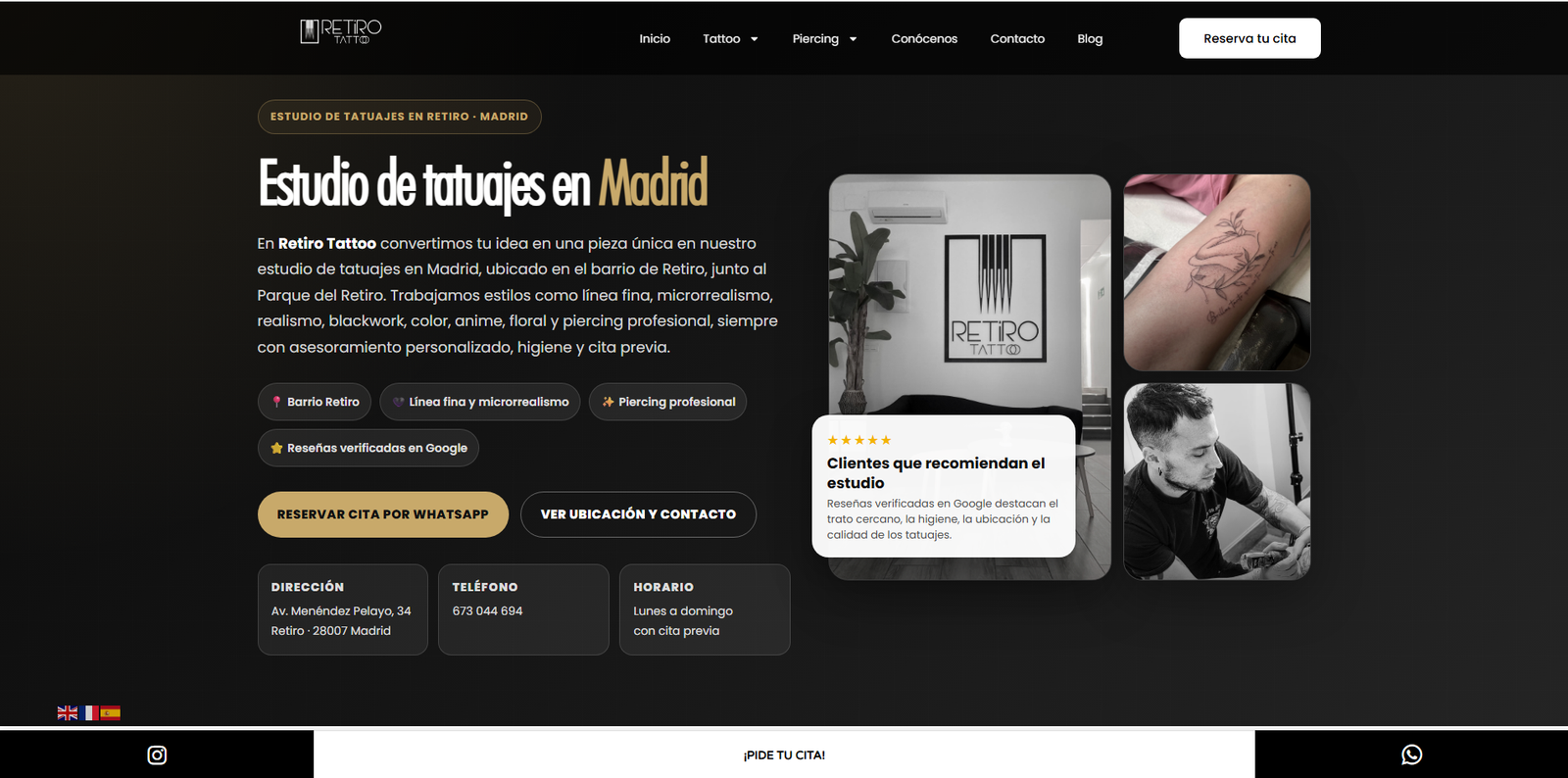 Web creada por WebWaves Studio para Retiro Tattoo